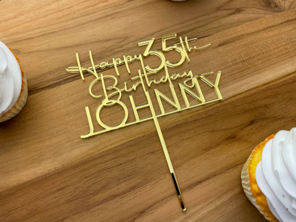 Personalised Happy Birthday Acrylic Cake Topper Silver Gold Rose Gold Black