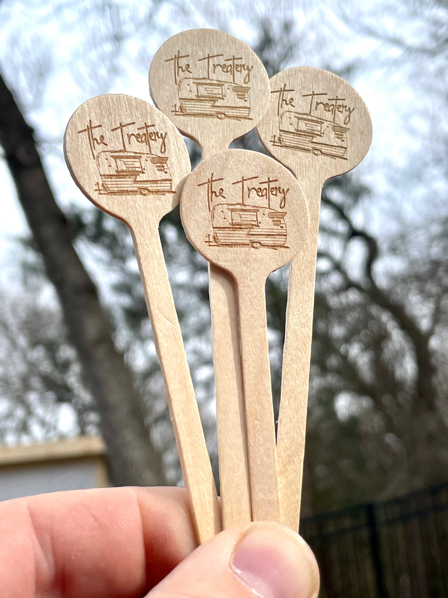 50 Custom Wood Engraved Stir Sticks, Cocktail Sticks, Wedding Drink Sticks  ONE-SIDED Round Top 