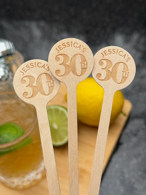 50 Custom Wood Engraved Stir Sticks, Cocktail sticks, Round Top, Name and Age