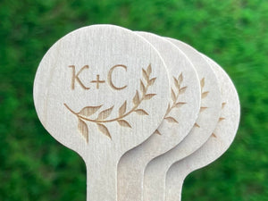 50 Custom Monogram Wood Engraved Stir Sticks, Coffee Cocktail sticks, Wedding Drink Sticks, Leaf - Yaya - Round Top