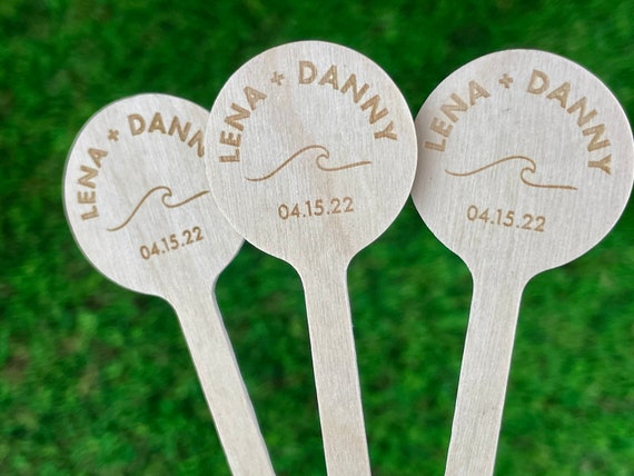 50 Custom Monogram Wood Engraved Stir Sticks, Coffee Cocktail sticks,  Wedding Drink Sticks - Round Top