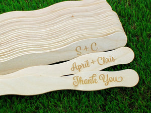 45 Fan Sticks Custom Engraved, 8 inch Wooden Wavy Wedding Fan Sticks (set of 25)