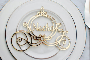 Cinderella Carriage Name Place Card | Wedding Rehearsal | Laser Cut w/ Guest Name in Gold or Silver Mirrored Acrylic | Disney Theme Dinner