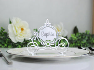 Cinderella Carriage Wedding Name Place Card | Whimsical  | Engraved Laser Cut w/ Guest Name in Gold or Silver Mirrored Acrylic | Disney