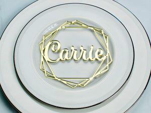 Hexagon Wedding Name Place Card | Party Table Decorations Modern Geometric Favor | Laser Cut w/ in Gold, Rose Gold, Silver Mirrored Acrylic