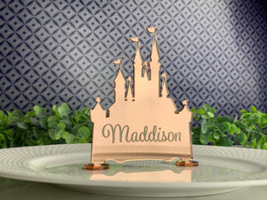 Disney Castle Wedding Name Place Card, Sign, Centerpiece, Table Numbers, Cake Topper | Engraved Laser Cut in Gold Silver Mirrored Acrylic
