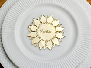 Sunflower Wedding Name Place Card V2 | Elegant Table Decorations Rustic Favor | Laser Cut w/ in Gold or Silver Mirrored Acrylic