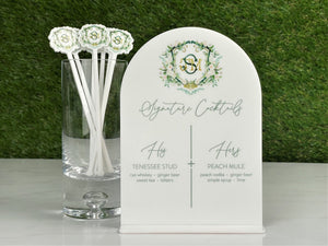 His and Hers Signature Drink Bar Menu Sign, Your Crest | Monogram Wedding Sign, Arched Round Top