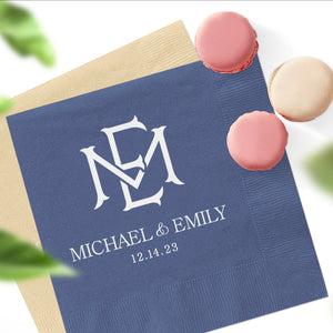 Custom Minimal Monogram Cocktail Napkins, Wedding Reception Monogram Initials, 3ply Beverage. Foil or ink. Color options inside.